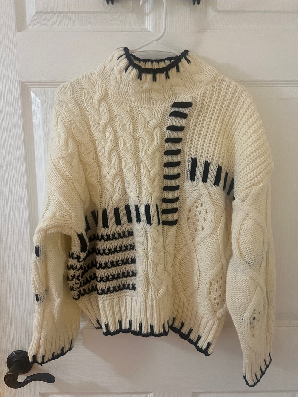 BiBi Cream Cable Knit Turtleneck Sweater with Black Trim